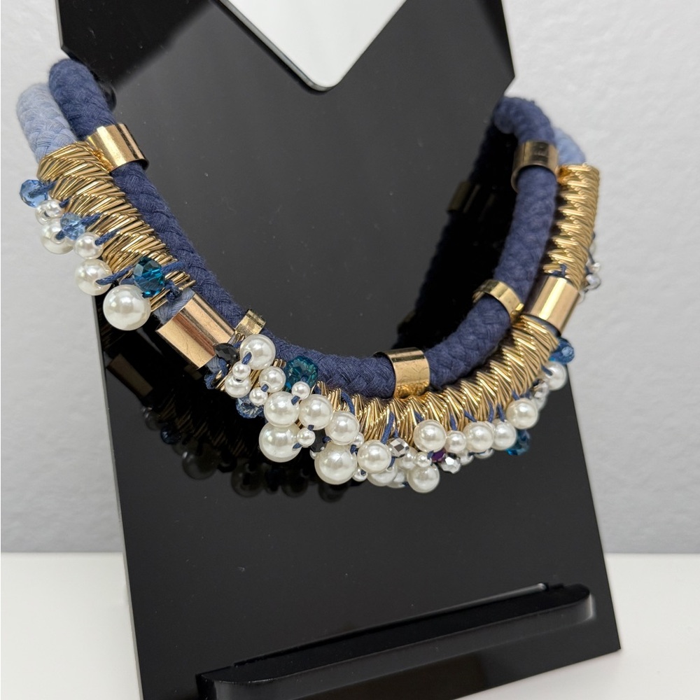 Stradivarius Gold and Blue Pearl Necklace